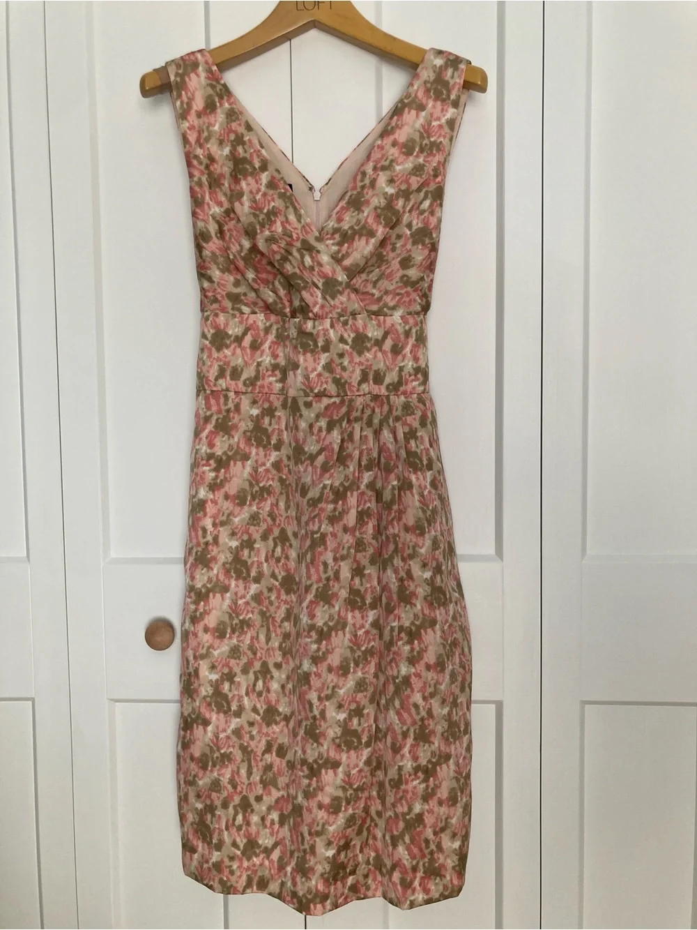 Talbots Pink and Taupe Floral V Neck Sleeveless Dress with Bow